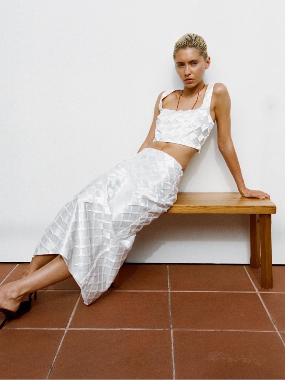 Zara Diamond White Textured Midi Skirt Set